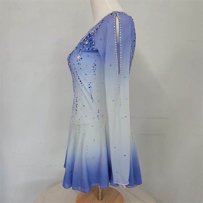 Figure Skating Dress Women's Girls' Ice Skating Dress Blue Patchwork Mesh High Elasticity Training Competition Skating Wear Classic Crystal / Rhinestone Long Sleeve Ice Skating Figure Skating3