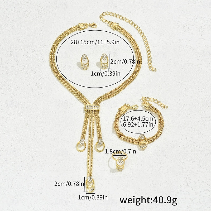 Gold Rhinestone Jewelry Set for Women – Elegant Necklace, Bracelet, Earrings, and Ring with Braided Chain Design, Perfect for Weddings and Formal Events4