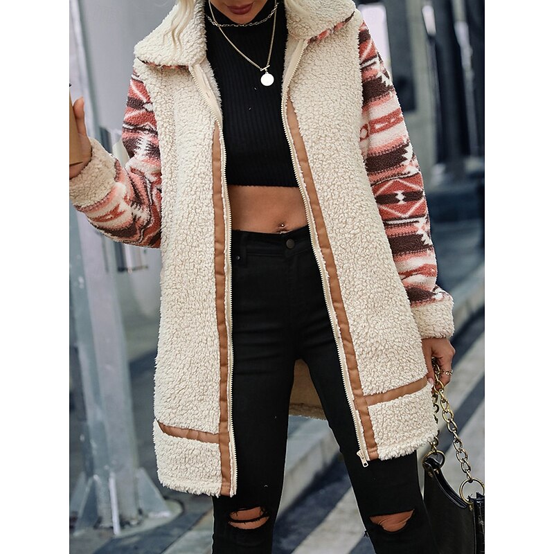 Women's Fleece Jacket Teddy Coat Hoodie Jacket Warm Breathable Zipper Pocket Fleece Lined Vintage Casual Geometric Vacation Street Daily Wear Going out Zipper Long Turndown Regular Fit Long Sleeve