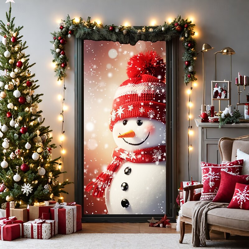 Christmas Door Decorations Stained Glass Door Covers Xmas Snowman Door Tapestry Door Curtain Decoration Backdrop Door Banner for Front Door Farmhouse Holiday Party Decor Supplies Indoor/Outdoor