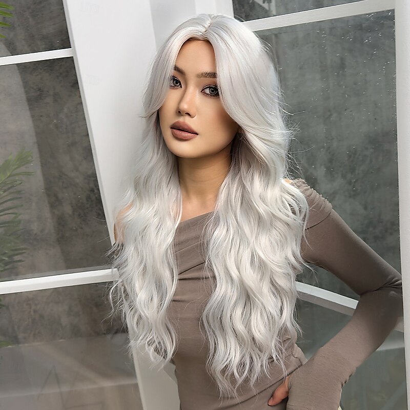 Synthetic Wig Uniforms Career Costumes Princess Curly Wavy Middle Part Layered Haircut Machine Made Wig 26 inch Silver Synthetic Hair Women's Cosplay Party Fashion Silver3
