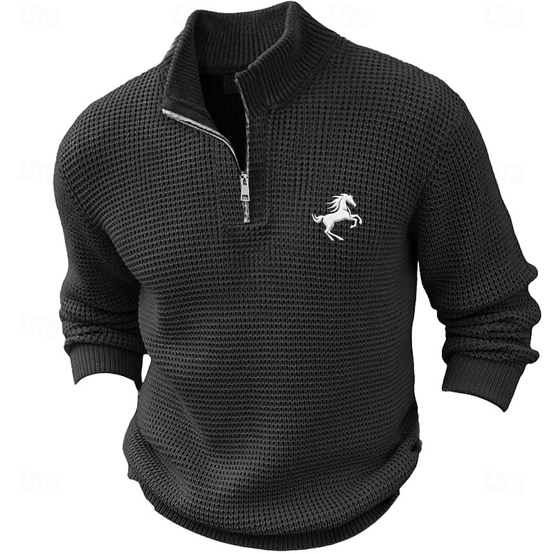 Men's Horse Pullover Sweater Jumper Zip Sweater Polo Sweater Zip Collar Retro Vintage Casual Party Evening Wear Daily Embroidered Knitting Warm Long Sleeve Fall Winter Black Army Green Brown4