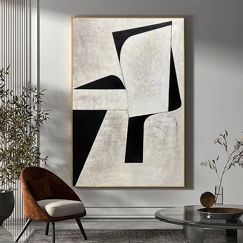 Handpainted White Black Textured Painting Oversized handmade Abstract Geometric painting Wall Art Large Minimalist Black White Painting for Living Room Wall Decor Abstract Art4