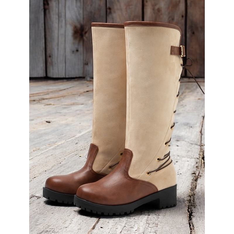 Women's Equestrian Riding Boots – Brown and Beige Faux Leather Knee-High Boots with Lace-Up Back, Ideal for Horseback Riding, Outdoor Fall Adventures, and Country Style Outfits