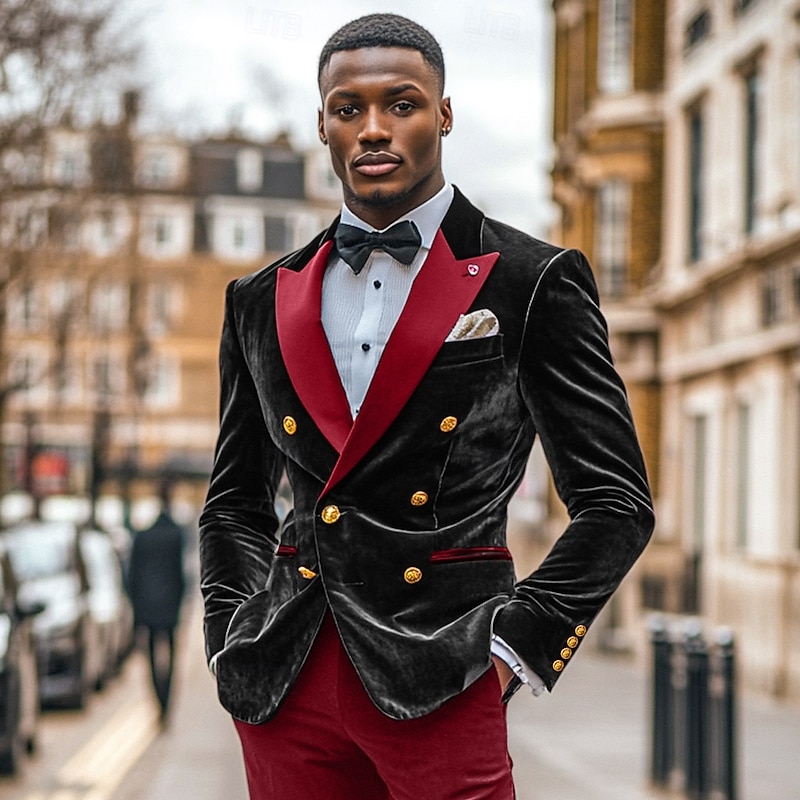 Men's Blazer Jacket Tuxedo Closure collar Vintage Party Velvet Patchwork Solid Colored Blazer Black Burgundy Dark Blue Standard Fit Double Breasted Six-buttons4