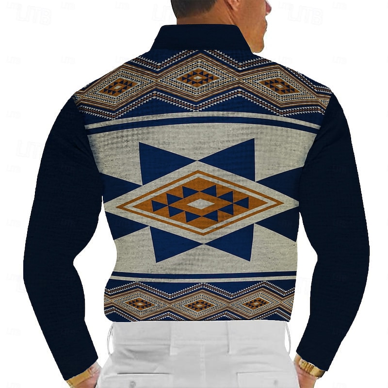 Men's Tribal Waffle Polo Shirts Golf Shirt Long Sleeve Polo Shirts Collared Shirts Casual Vacation Wear Party Outfits Buttons 3D Print Spring Fall Winter Blue2
