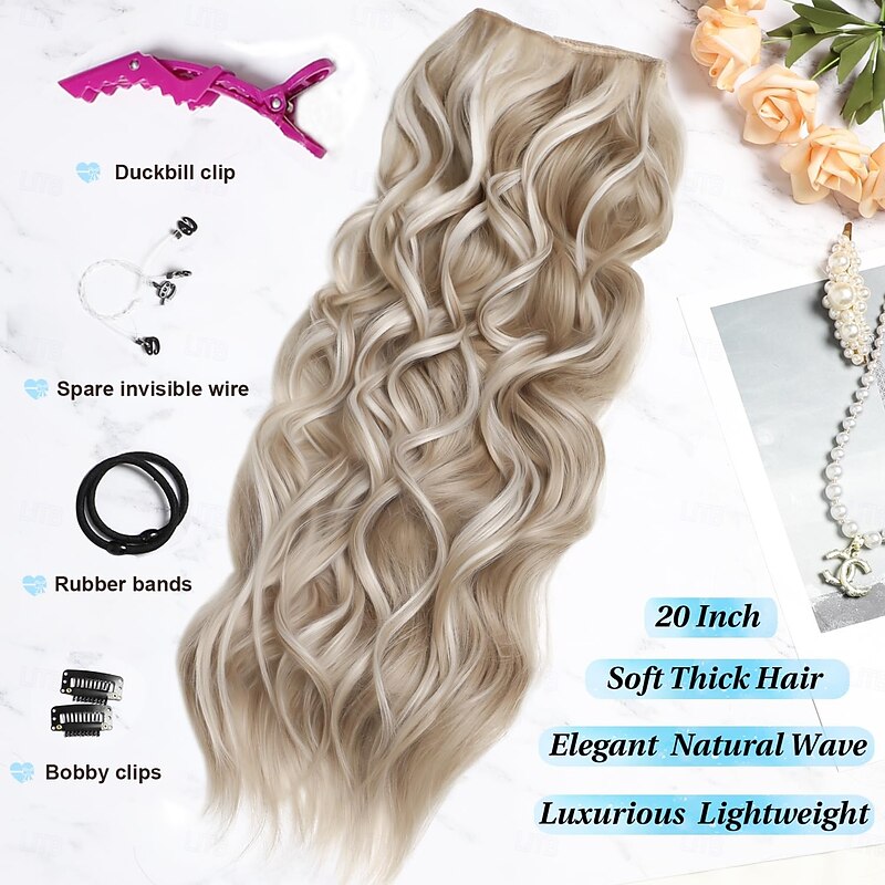 Invisible Wire Hair Extensions  Secret Hair Extensions with Adjustable 4 Clips Soft Transparent Lace Natural Long Wavy Hair Extensions for Women