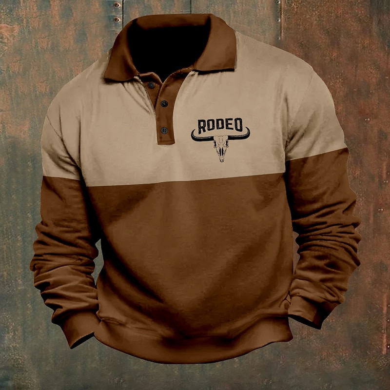 Men's Cowboy Skulls Polo Shirts Pullover Long Sleeve Polo Shirts Collar Vintage Casual Outdoor Streetwear 3D Print Buttons Fall & Winter Black Brown Dark Blue4
