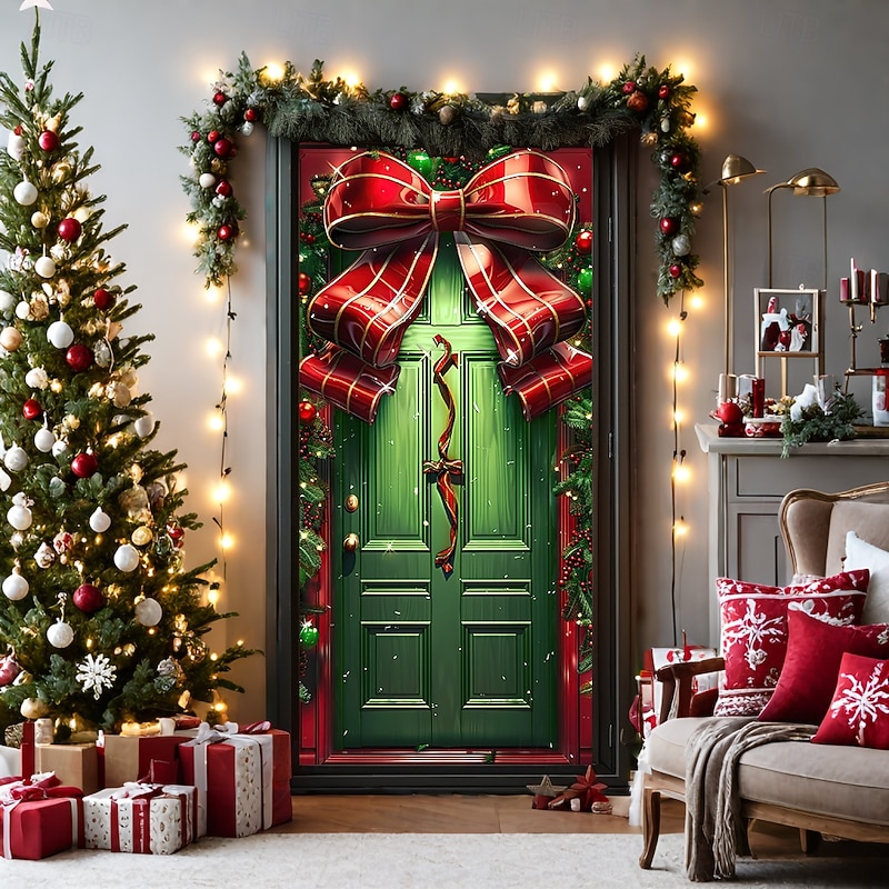 Christmas Door Decorations Door Covers Xmas Bow Tie Door Tapestry Door Curtain Decoration Backdrop Door Banner for Front Door Farmhouse Christmas Holiday Party Decor Supplies Ornaments Indoor/Outdoor 16