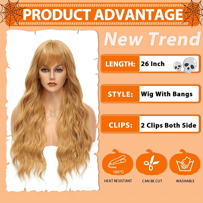 Wig With Bangs Long Curly Wave Wigs for Women Natural Looking Synthetic Heat Resistant Wig for Daily Party Use4