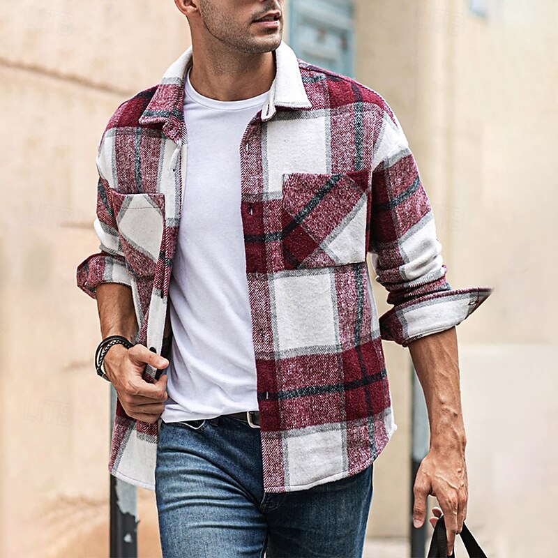 Men's Shirt Flannel Shirt Overshirt Lattice Outdoor Street Red Green Khaki Long Sleeve Turndown Spring &  Fall Clothing Apparel3