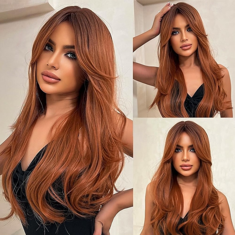 Megan Fox Inspired Wigs Auburn Wigs for Women Layered Wig with Bangs Long Straight Hair Wig Copper Brown Wigs Natural Synthetic Hair Heat Resistant Wigs for Daily Party Cosplay Use