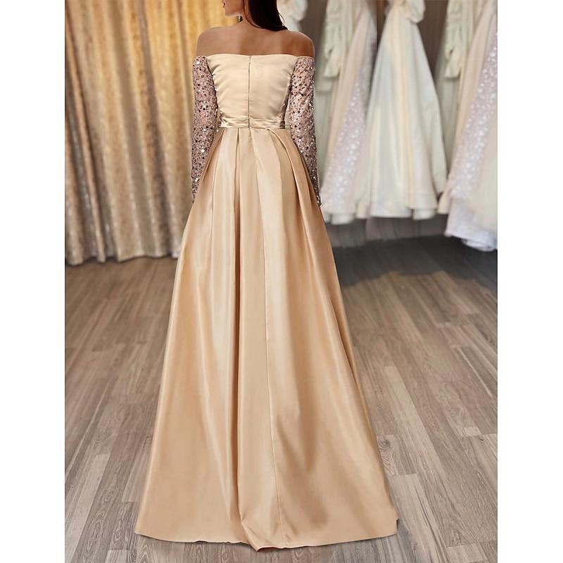 Ball Gown Gold Evening Gown Hot Dress Engagement Wedding Reception Sweep / Brush Train 3/4 Length Sleeve Off Shoulder Satin with Sequin2