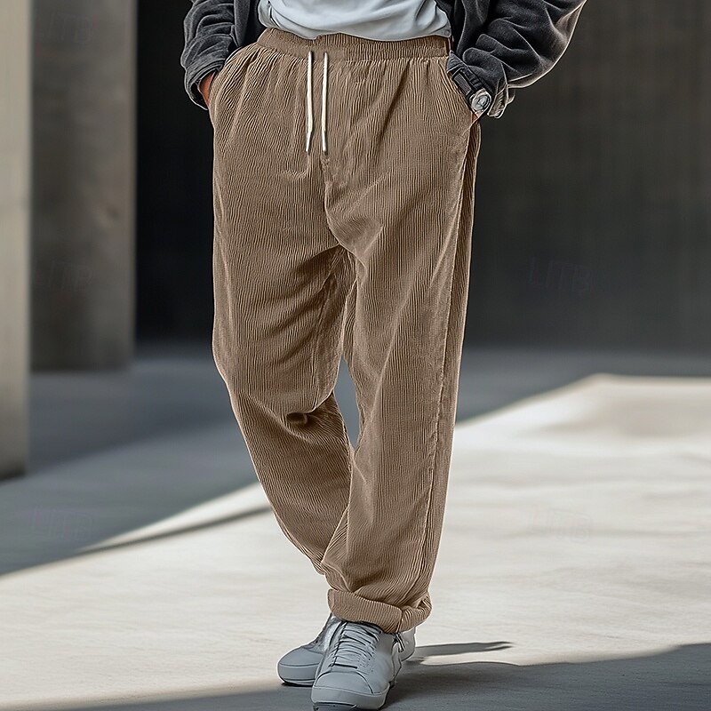 Men's Dress Pants Corduroy Pants Trousers Casual Pants Drawstring Elastic Waist Straight Leg Plain Comfort Warm Full Length Outdoor Casual Daily Fashion Streetwear Black Khaki3