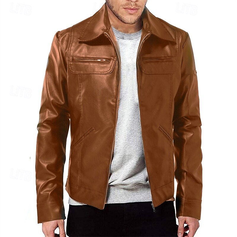 Men's Faux Leather Jacket Biker Jacket Red Leather Jacket Motorcycle Jacket Daily Vacation Windproof Warm Pocket Fall & Winter Plain Fashion Classic Lapel Regular Faux Leather Black White Wine Dark4