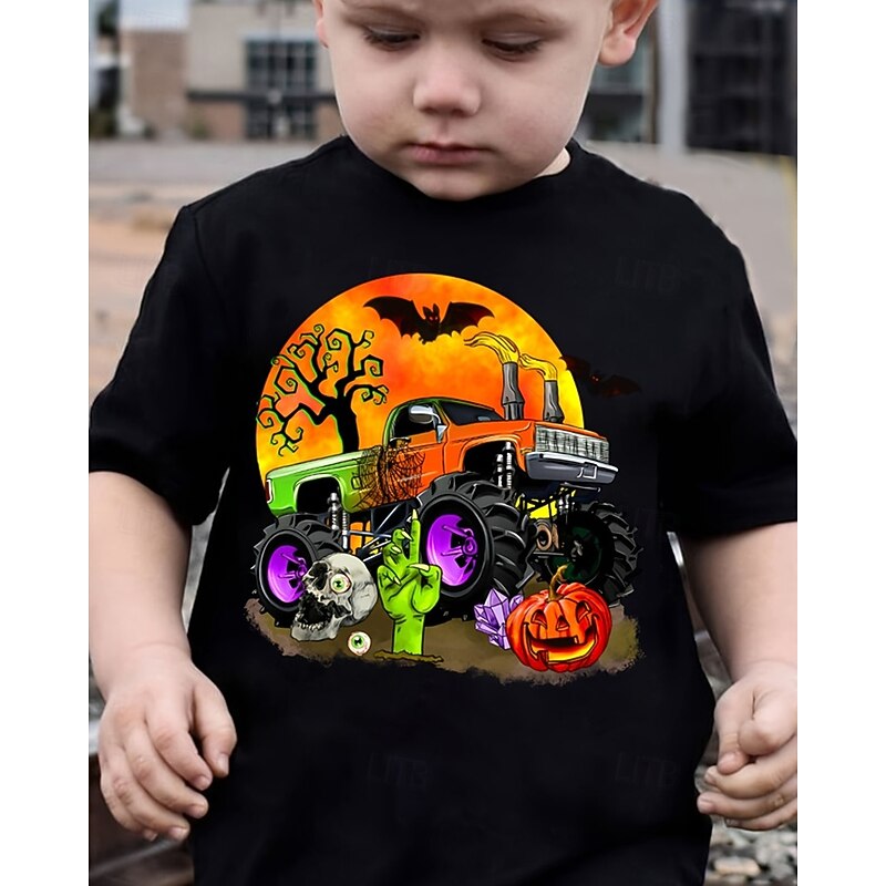 Halloween Boys 3D Pumpkin Car T shirt Tee Tops Short Sleeve Summer Fashion Sport Polyester Kids 4-12 Years Crew Neck Casual Daily Wear Vacation Regular Fit