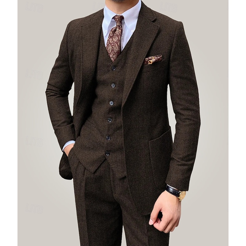 Men's Wedding Wedding Party Tweed Suits Notch Lapel Brown Light Grey Retro Vintage Formal Herringbone Standard Fit 3 Piece Single Breasted Two-buttons4