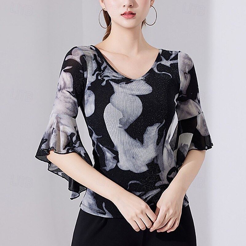 Latin Dance Top Lace Printing Pure Color Women's Performance Training Half Sleeve High Nylon4