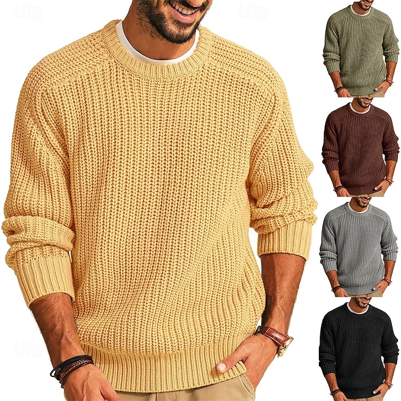 Men's Sweater Pullover Sweater Jumper Ribbed Knit Regular Tops Knitted Slim Fit Plain Round Neck Modern Contemporary Work Daily Wear Clothing Apparel Winter Black Khaki S M L