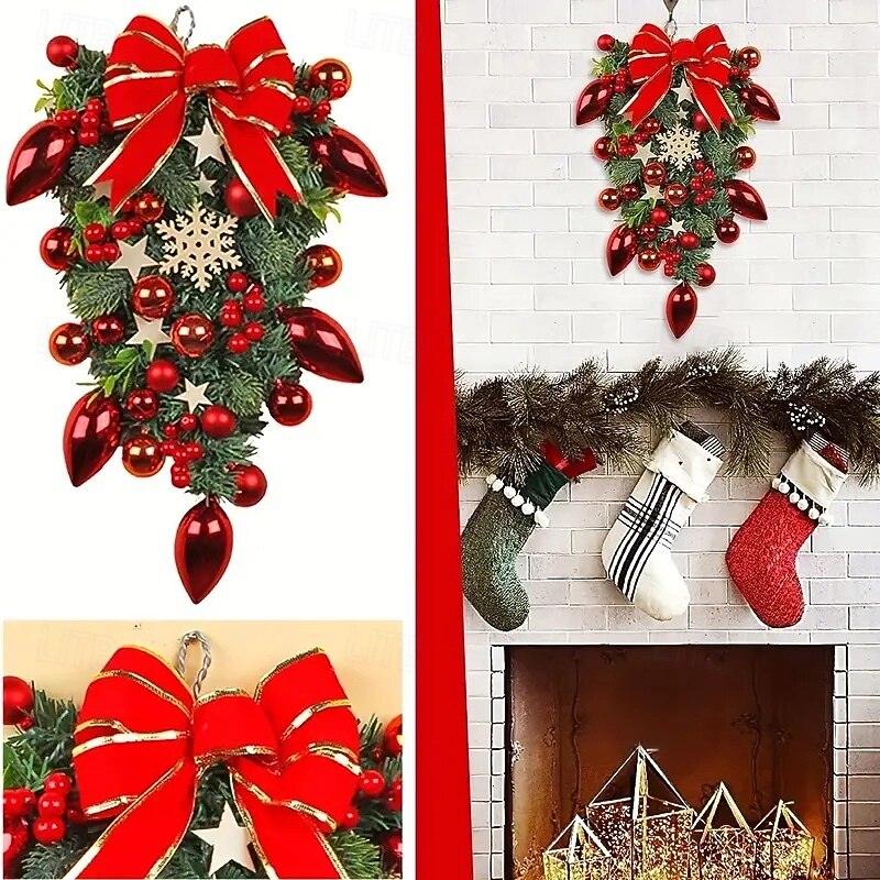 Christmas Swag Christmas Wreath Outdoor for Front Door Winter Wreath Window Wall Decoration- 50*30cm Creative Wall Decor, Window Display, Festive Bow and Vine Door Hanging Ornament2
