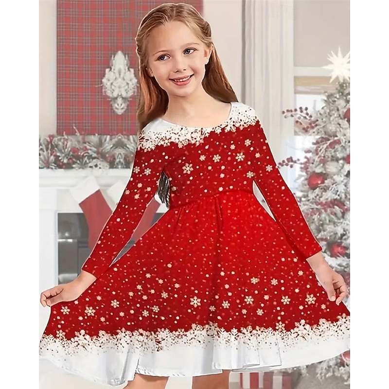 Girls' 3D Graphic Snowflake Dress Snowflake Dress Long Sleeve Summer Spring Vacation Daily Holiday Princess Beautiful Sweet Kids 4-12 Years Casual Dress A Line Dress Knee-length Regular Fit