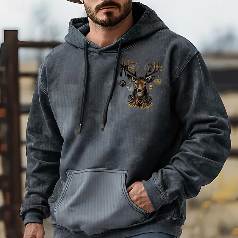 Christmas Men's Elk Hoodie Hoodies Sweatshirt Fashion Cowboy Long Sleeve Hooded Blue Purple Pocket 3D Print Fall Winter Designer3