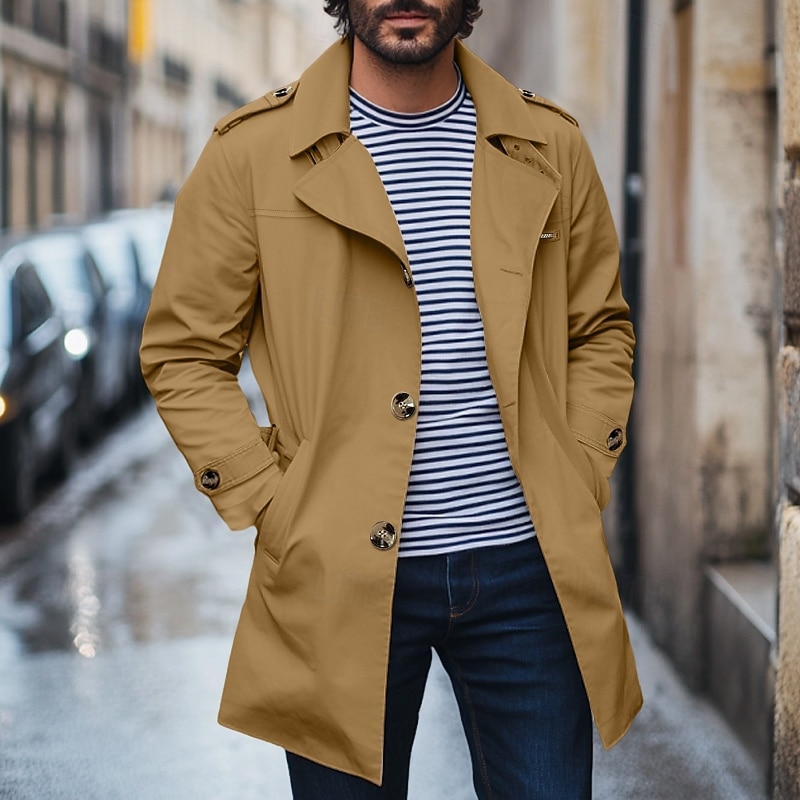 Men's Trench Coat Carnival Outdoor Spring Fall Winter Cotton Outerwear Clothing Apparel Elegant Vintage non-printing Solid Color Pocket Fold-over Collar3