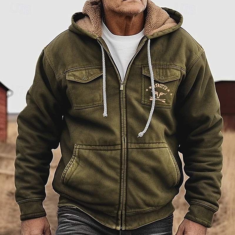 Men's Full Zip Hoodie Zip Up Hoodie Fleece Hoodie Army Green Blue Brown Khaki Hooded Cow Zip Up Pocket Sports & Outdoor Daily Holiday Polyester Vintage Basic Casual Fall & Winter Clothing Apparel2