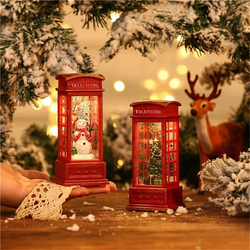 Christmas Red Vintage Luminous Phone Booth Lantern Christmas Tree Snowman Santa Claus Figurine in Telephone Booth decoration  1PC4