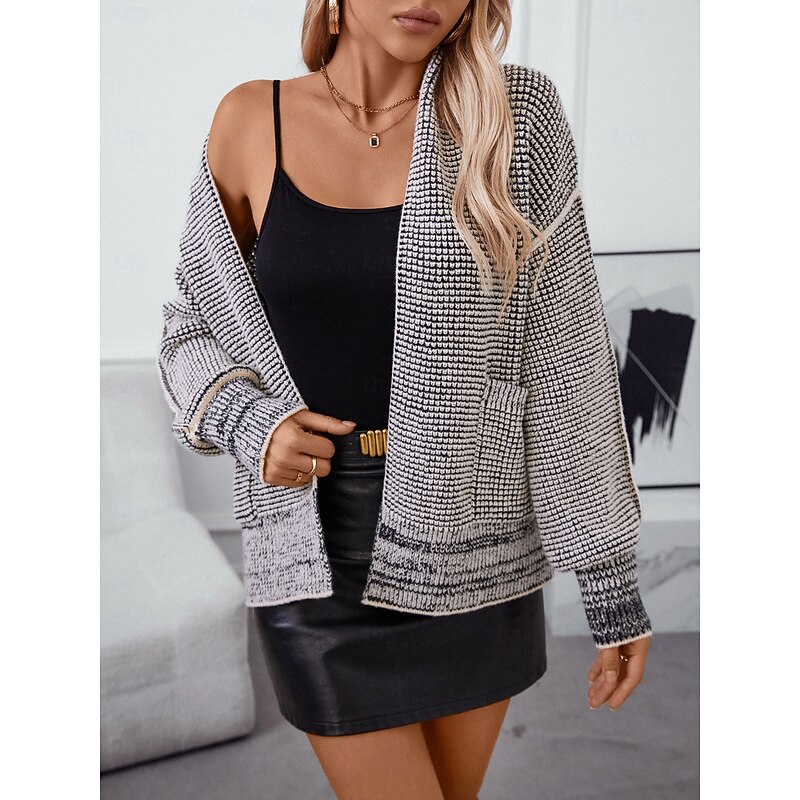 Women's Cardigan Fashion Daily Casual Abstract Waffle Open Front Knitted Long Sleeve Long Tops Knit Work White / Black Fall Winter4