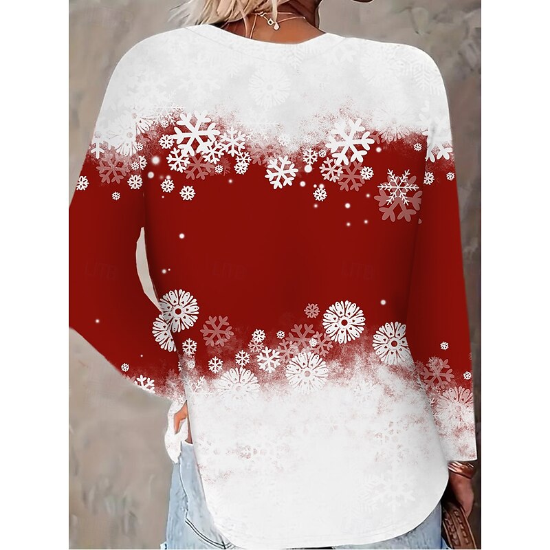 Women's T shirt Crew Neck Long Sleeve Tunic Holiday Sweatshirt Snowman Print Color Block Red White Winter Party Casual Pullover Festive Clothing Apparel3