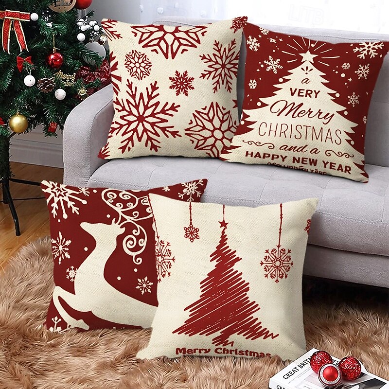 Christmas Decorations Vintage Decorative Toss Pillows Cover 4PC Soft Square Cushion Case Pillowcase for Bedroom Livingroom Sofa Couch Chair