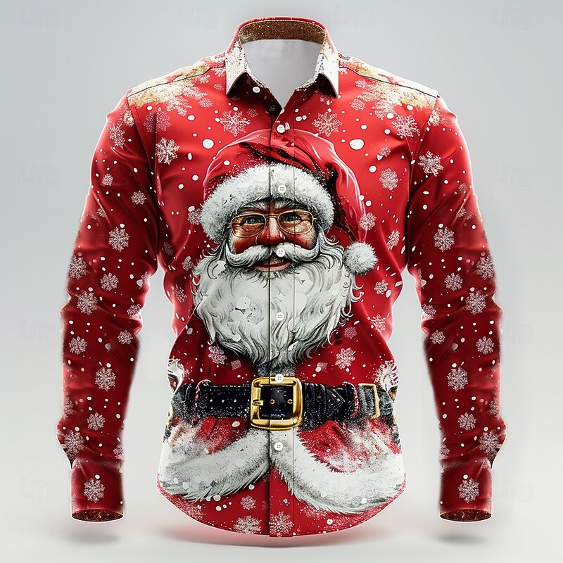Men's Santa Claus Shirt Button Up Shirt Long Sleeve Casual Party Evening Wear Daily Fall Winter Spring & Summer Shirt Collar Button Up 3D Print Red