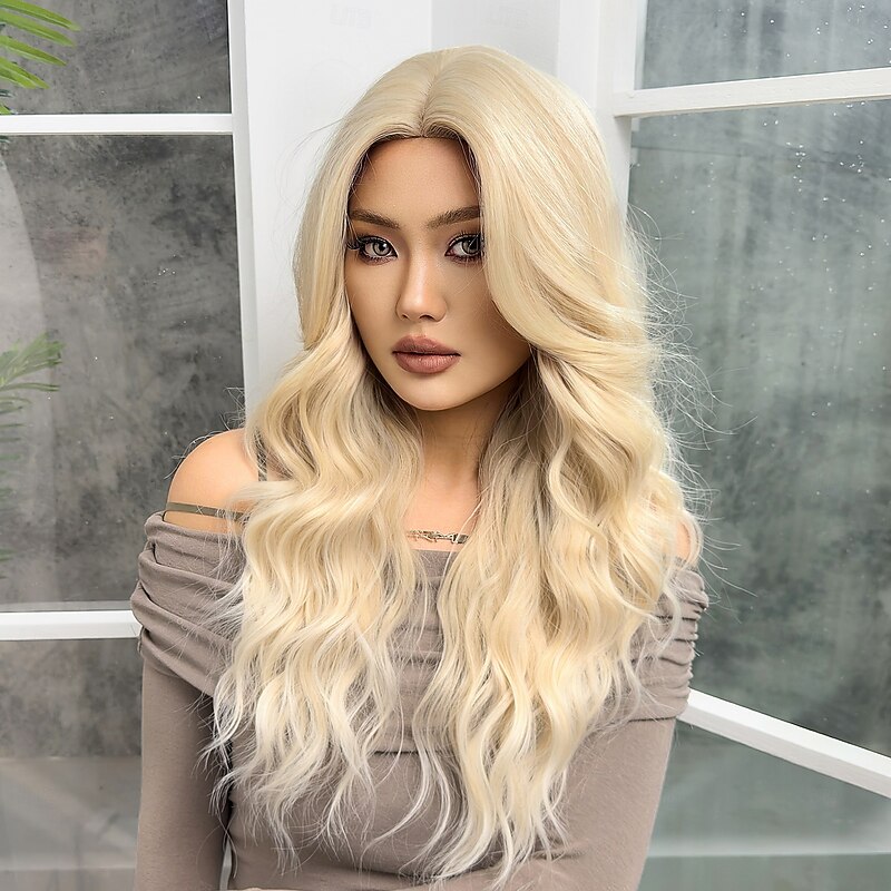 Synthetic Wig Uniforms Career Costumes Princess Curly Wavy Middle Part Layered Haircut Machine Made Wig 26 inch Light golden Synthetic Hair Women's Cosplay Party Fashion Blonde3