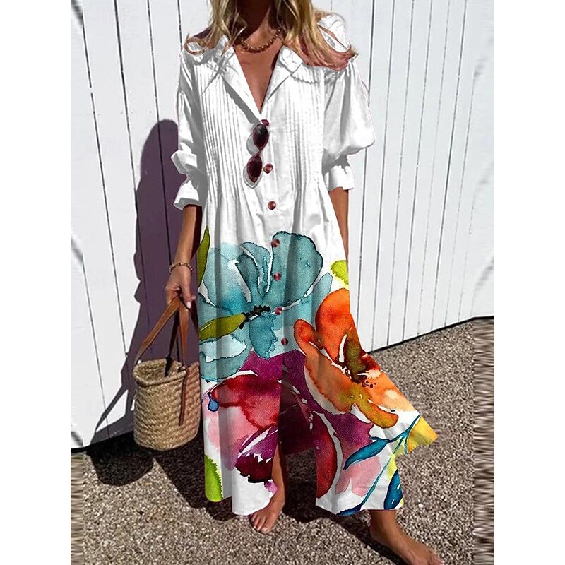 Women's Floral Graphic Print V Neck Flared Sleeve Maxi Dress Half Sleeve Spring Fall3