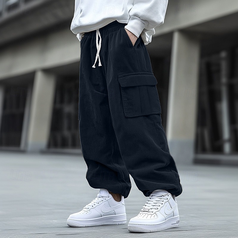Men's Cargo Pants Corduroy Pants Trousers Baggy Pants Drawstring Elastic Waist Multi Pocket Solid Color Breathable Soft Full Length Formal Office Work Stylish Simple Loose Fit Black Navy Blue High3