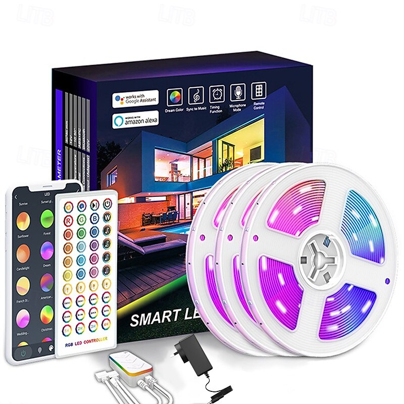 RGB Strip Lights Tuya Wifi Smart 5050 Bluetooth Voice Music Control 40 Key Remote APP Control Alexa for Living Room Bedroom Decoration 5M/10M/15M/20M4