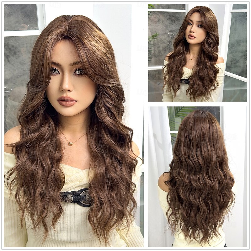 Synthetic Wig Uniforms Career Costumes Princess Curly Wavy Middle Part Layered Haircut Machine Made Wig 26 inch Dark Brown Synthetic Hair Women's Cosplay Party Fashion Dark Brown
