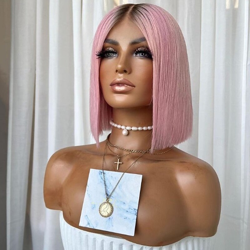 Remy Human Hair 13x4 Lace Front Wig Short Bob Middle Part Brazilian Hair Silky Straight Pink Wig 130% 150% Density Ombre Hair For Women Short Human Hair Lace Wig2