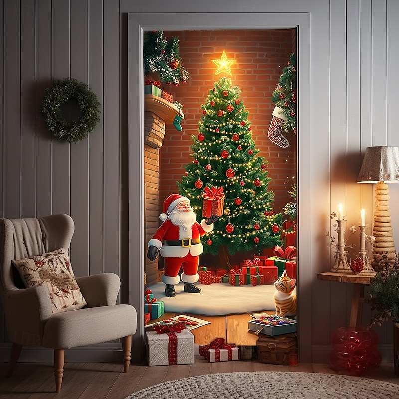 Christmas Door Decorations Door Covers Fireplace Xmas Door Tapestry Door Curtain Decoration Backdrop Indoor/Outdoor Door Banner for Front Door Farmhouse 8