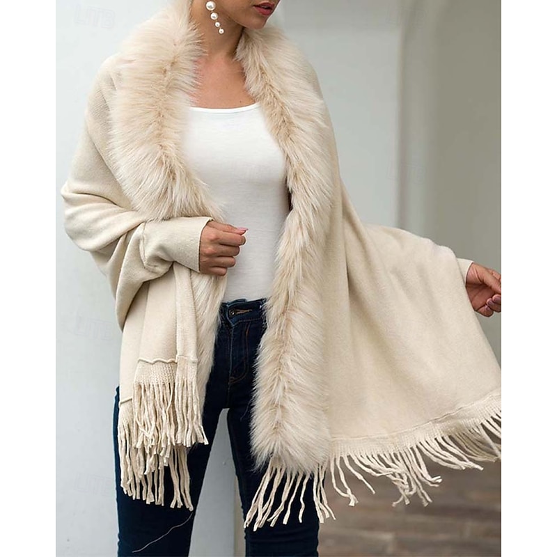 Women's Cardigan Open Front Knit Tassel Fur Fall Winter Formal Outdoor Elegant Fashion Long Sleeve Solid Color Khaki Beige