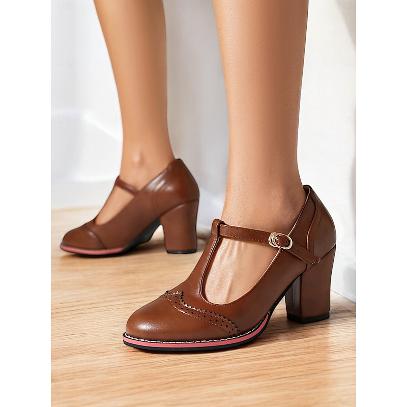 Women's Vintage Brown T-Strap Mary Jane Pumps with Brogue Detailing – Chunky Heels for Office, Retro Fashion, and Casual Events2