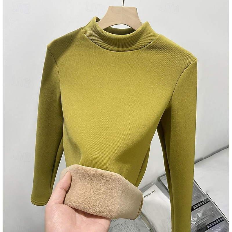 Women's Tunic Solid Color Casual Long Sleeve Turtleneck Regular Tops Daily Black Yellow Light Brown Brown off-white Fall Winter2