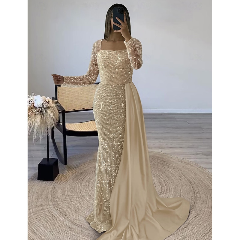 Black Sequin Tie Mermaid Evening Gown Elegant Fall Wedding Formal Dress Floor Length Long Sleeve Square Neck with Glitter Slit Masquerade Dress3