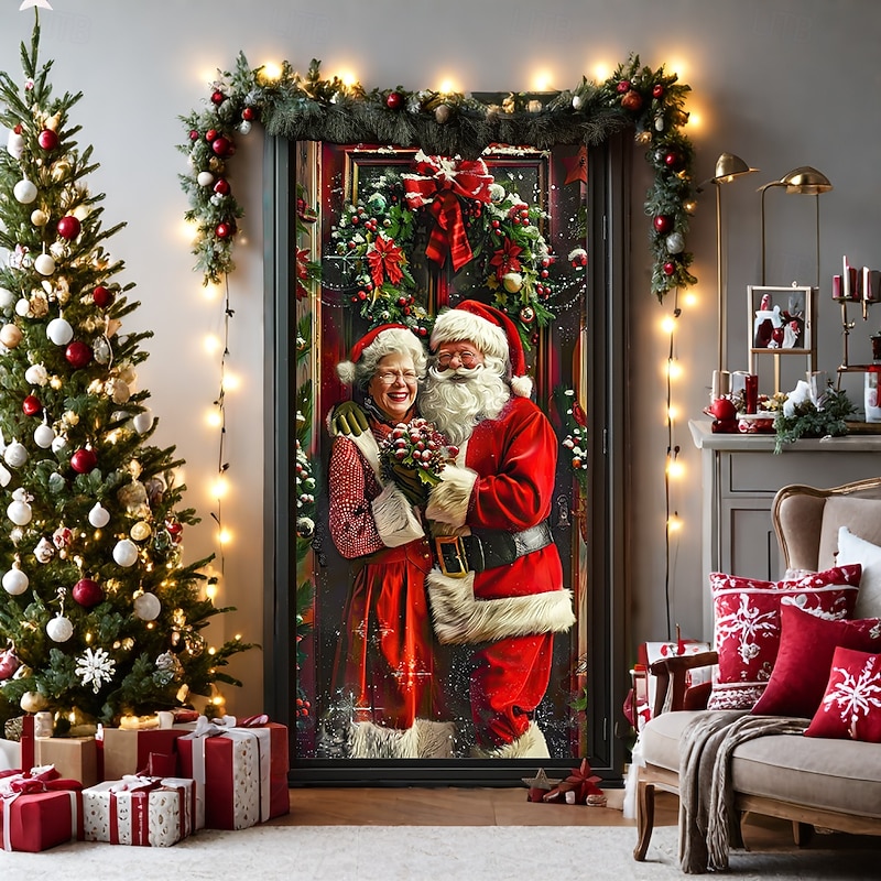 Christmas Door Decorations Door Covers Santa Couple Door Tapestry Door Curtain Decoration Backdrop Door Banner for Front Door Farmhouse Holiday Party Decor Supplies Gift Indoor/Outdoor3