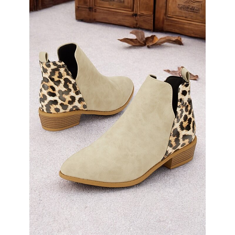 Women's Beige Ankle Boots with Leopard Print and Low Block Heel – Trendy Side Zip Booties for Casual and Everyday Wear2
