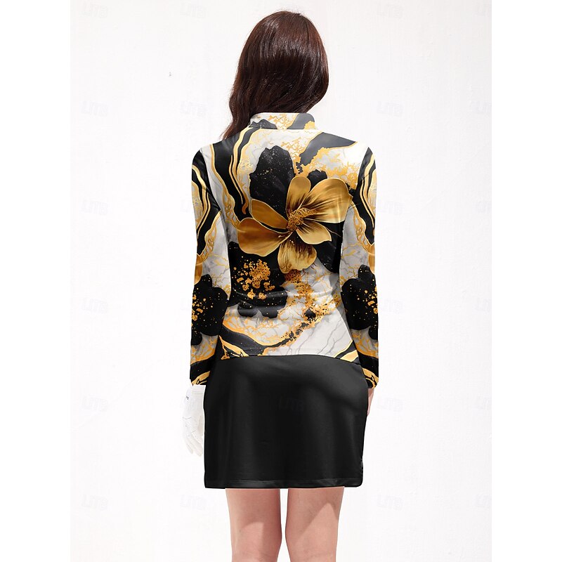 Women's Golf Polo Shirt Black Golden Long Sleeve Top Ladies Golf Attire Clothes Outfits Wear Apparel2