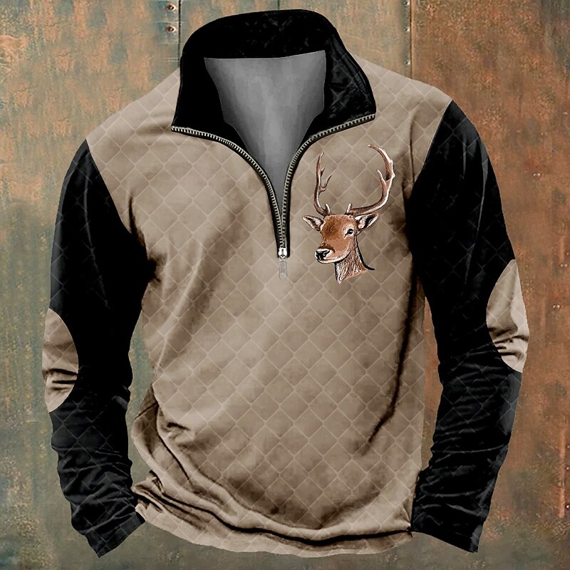Men's Patchwork Deer Sweatshirts Sweatshirt Zip Sweatshirt Quarter Zip Sweatshirt Long Sleeve Sweatshirt Crew Neck Quarter Zip 3D Funny 3D Print Christmas Party Holiday Crewneck Half Zip Winter2