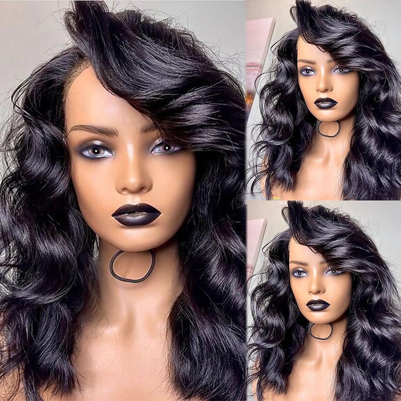 Remy Human Hair 13x4 Lace Front Wig Side Part With Bangs Brazilian Hair Wavy Black Wig 130% 150% Density 100% Virgin Glueless Pre-Plucked For Women Long Human Hair Lace Wig2