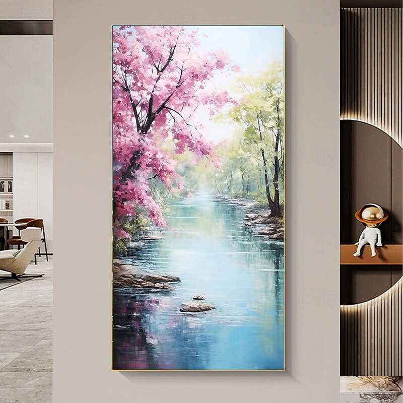 Handpainted Original Colorado River Pink Wildflowers Large Oil Painting Summer Landscape Wall Art Home Decor For Living Room No Frame4